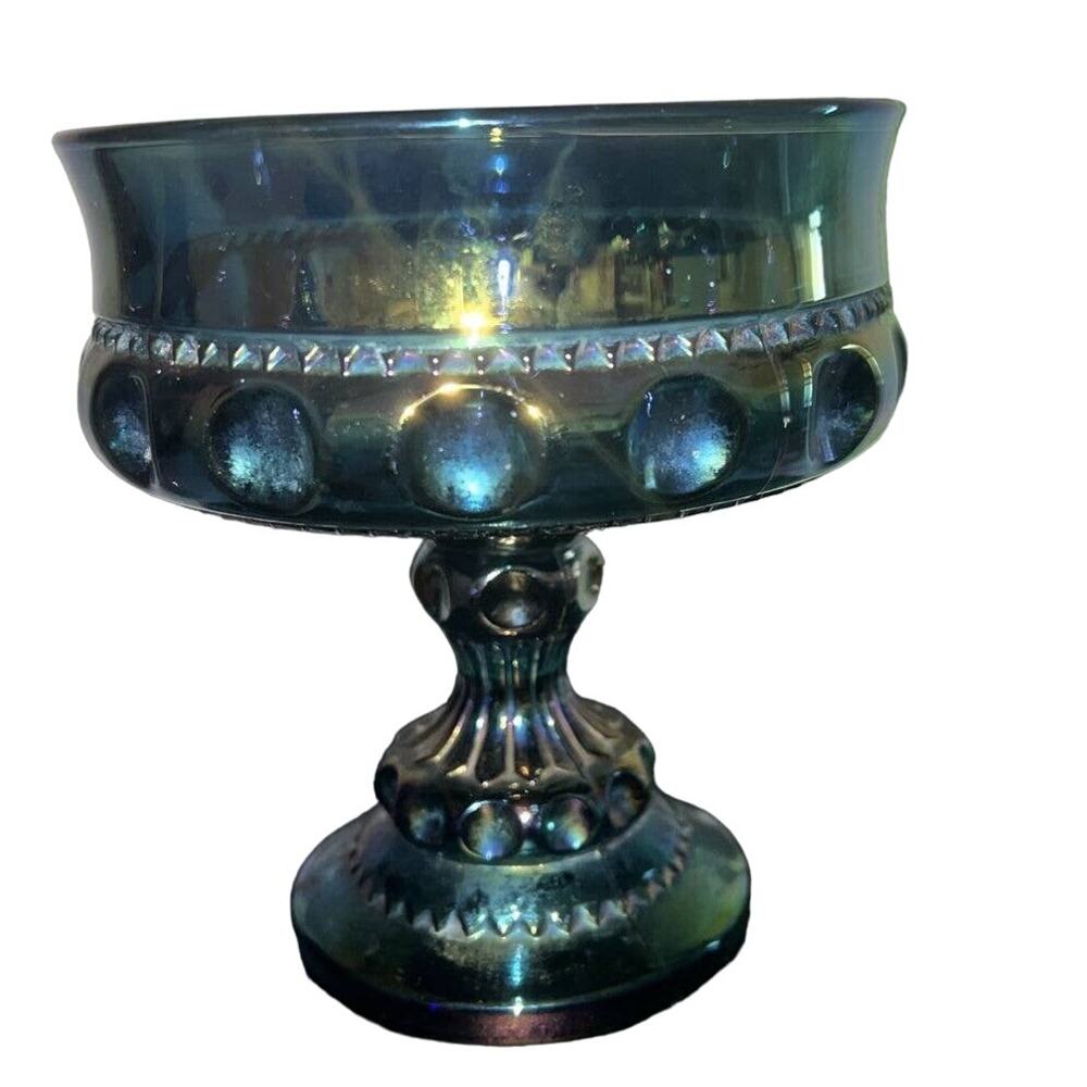 Indiana Glass Kings Crown, Blue Carnival Glass Compote Pedestal Bowl Vintage